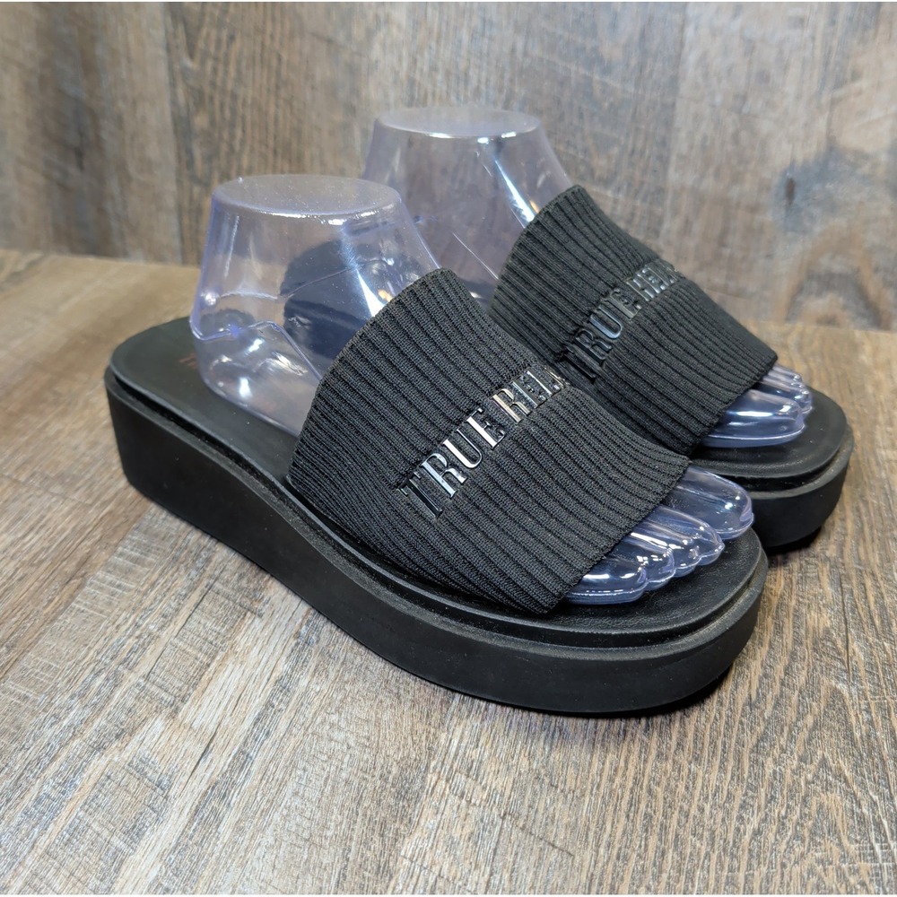 True Religion Jann Black Slip On Platform Open Toe Sandals Womens Size 8